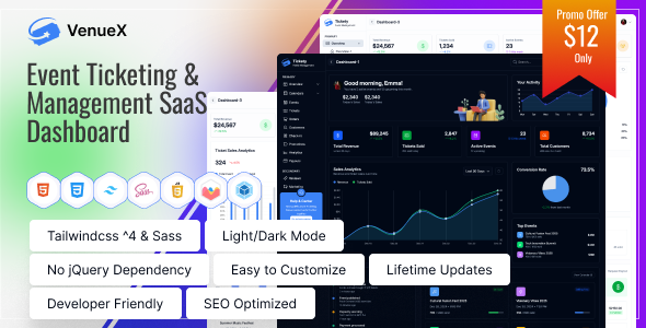 VenueX – Event Ticketing & Management SaaS Dashboard HTML Template